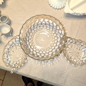 Depression Era Anchor Hocking Bubble Lg serving bowl and 2 grape pattern dishes